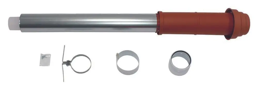 Vaillant Dachdurchführung zur Führung von Brennluft und Abgas, bestehend aus einem Metallzylinder mit roten Kunststoffteilen und Befestigungselementen.